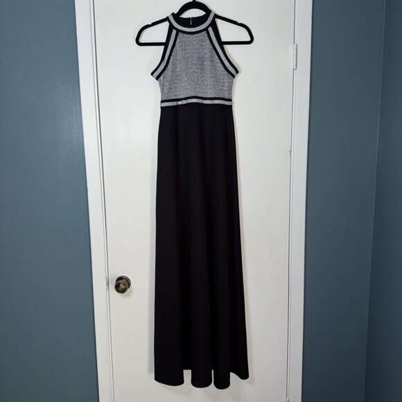 Vintage 60's 70's Mod Empire Waist  Silver Black Halter Knit Maxi Dress XS/S - Picture 11 of 16